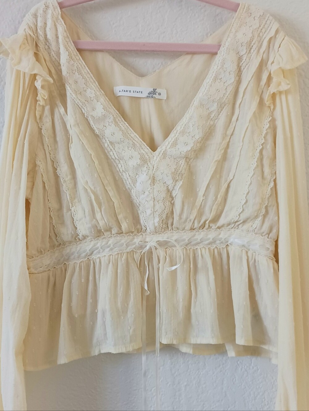Altar'd State Cropped Cream Lace V-Neck Peplum Top